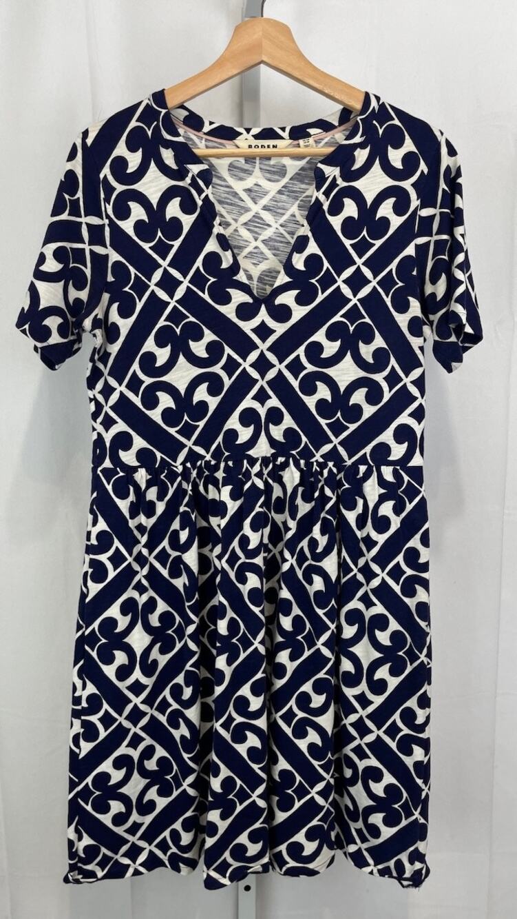 BODEN UK 10 US 6 Easy Notch Neck Jersey Dress Geometric Short Sleeve Blue White